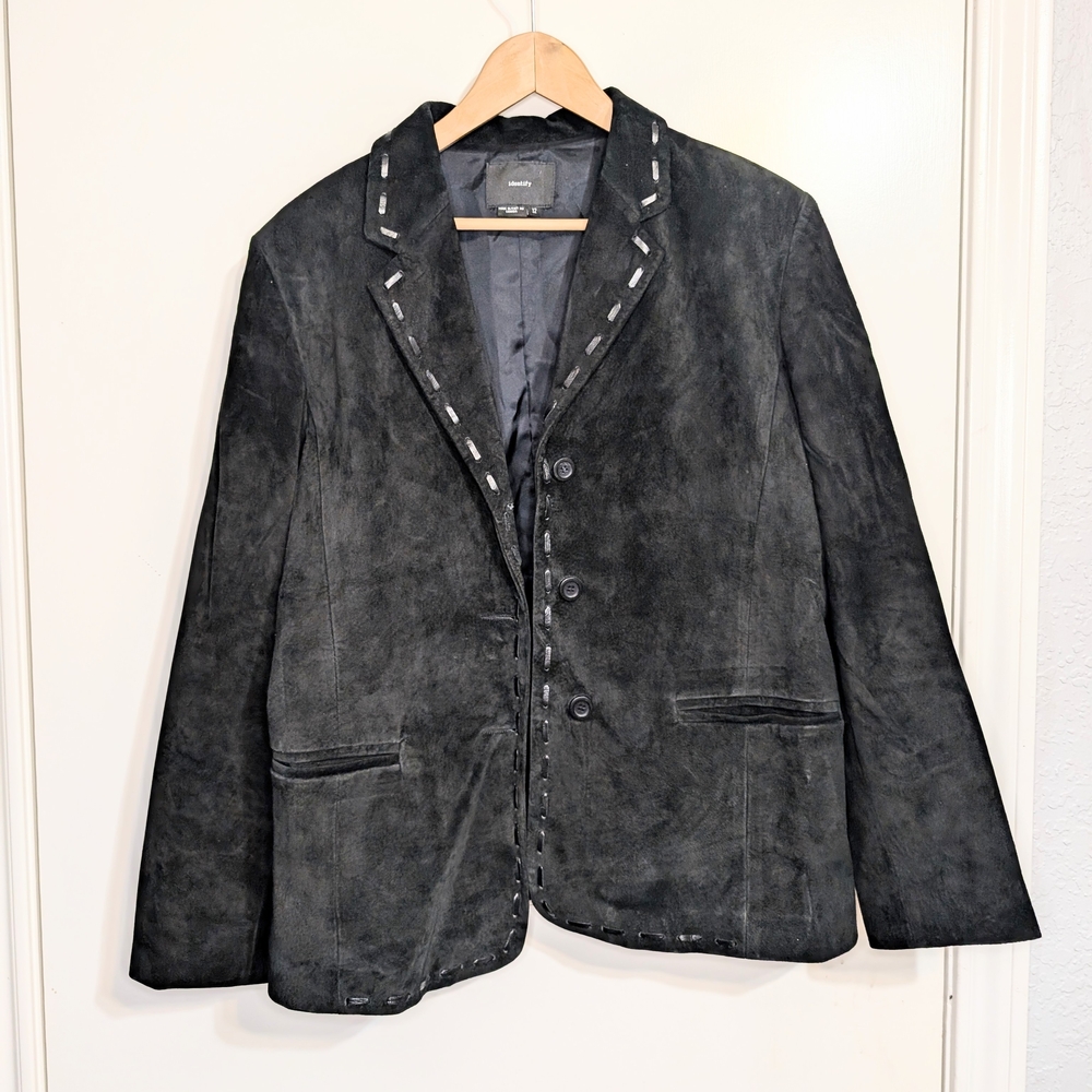 100% Leather Blazer Jacket Distressed Suede Whipstitch Trim 12